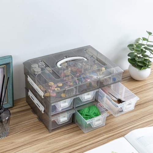 MyGift 11 Inch Smoke Gray Transparent Arts and Crafts Sewing Supplies Storage Organizer Case with White Accents, 24 Customizable Compartments, and 6 Drawers with Removable Dividers - color: Grey