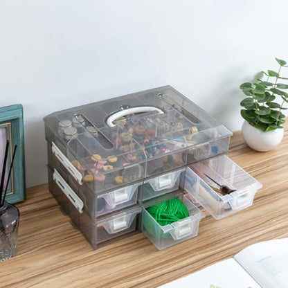 MyGift 11 Inch Smoke Gray Transparent Arts and Crafts Sewing Supplies Storage Organizer Case with White Accents, 24 Customizable Compartments, and 6 Drawers with Removable Dividers - color: Grey