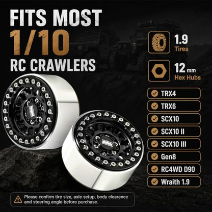 4PCS 1.9" RC Beadlock Wheels with12mm Hex & -6mm Offset Aluminum 30mm Wide Rims for 1/10 RC Crawler, Compatible with TRX4 TRX6 SCX10 SCX10 II III Gen8 RC4WD D90 90046 AXI03007 - color: Black-Black