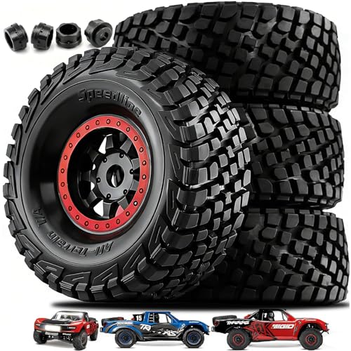 4PCS 1/8 1/7 RC Short Course Truck Tires and Wheels 17mm Hex All Terrain Off Road Tyres OD 5.31'' for 1:7 1:8 RC Buggy Truck Car HSP TRAXXAS UDR FS FSR Atom ARRMA Mojave EXB YK4072 DF7 (Red) - color: Red
