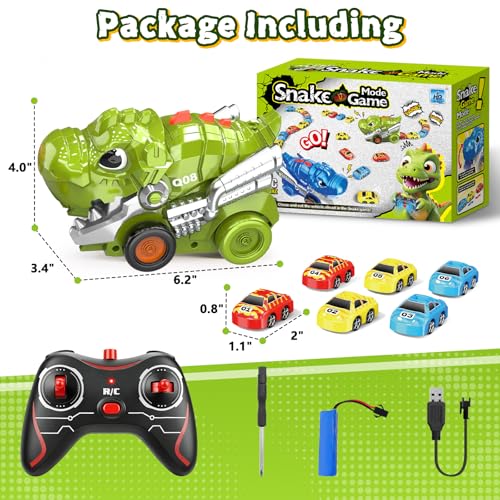 Intoypad RC Dinosaur Eating Car Toys for Kids, 2.4GHz Dino Remote Control Car Toy with 6 Magnetic Cars & Music Dino Truck Birthday Gifts Toys for 3 4 5 6 7 8 9 10 11 12 Year Old Boys Girls (Green) - color: Green