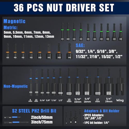 XOOL 36PCS Magnetic Nut Driver Set, Metric and SAE Nut Driver Set for 1/4" Quick-Change Hex Shank, Impact Drill Driver Bit Set with Storage Bag