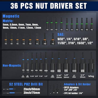 XOOL 36PCS Magnetic Nut Driver Set, Metric and SAE Nut Driver Set for 1/4" Quick-Change Hex Shank, Impact Drill Driver Bit Set with Storage Bag