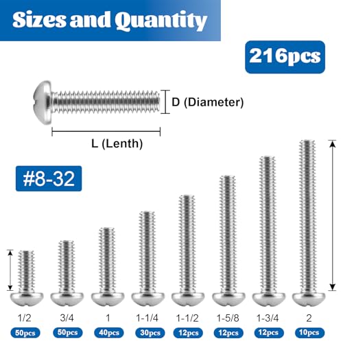 216PCS 8-32 Machine Screw Phillip Pan Head 304 Stainless Steel 1/2"-2" | 8 Lengths 8-32 x 1/2", 3/4", 1",1-1/4", 1-1/2", 1-5/8", 1-3/4", 2" Bolt UNC Fully Threaded Fastener for Electrical Furniture - size: SS #8-32 216PCS