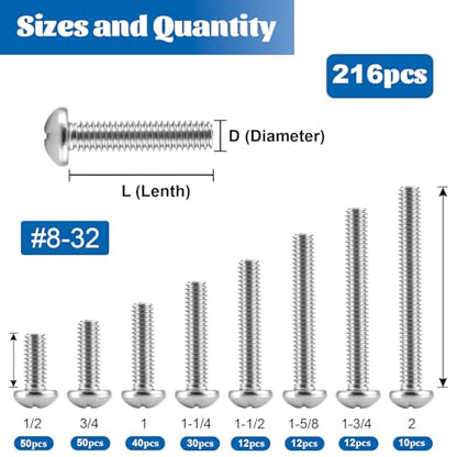 216PCS 8-32 Machine Screw Phillip Pan Head 304 Stainless Steel 1/2"-2" | 8 Lengths 8-32 x 1/2", 3/4", 1",1-1/4", 1-1/2", 1-5/8", 1-3/4", 2" Bolt UNC Fully Threaded Fastener for Electrical Furniture - size: SS #8-32 216PCS