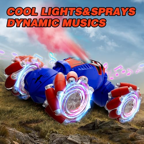 Remote Control Car for Boys 8-12, 4WD Gesture Sensing RC Stunt Car 2.4Ghz with Lights Music Sprayer RC Cars for Boys Age 4-7 8-12 Hand-Controlled Cars Toys Birthday Gifts for Kids Girls Blue - color: Blue