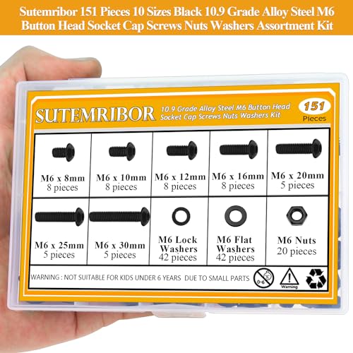 151 Pieces M6 Screws Nuts Washers Set Black, Sutemribor M6 x 8/10/12/16/20/25/30mm Button Head Socket Cap Screws Nuts Washers Assortment Kit, 10.9 Grade Alloy Steel, Fully Threaded - size: M6, style: Button Head Socket Cap