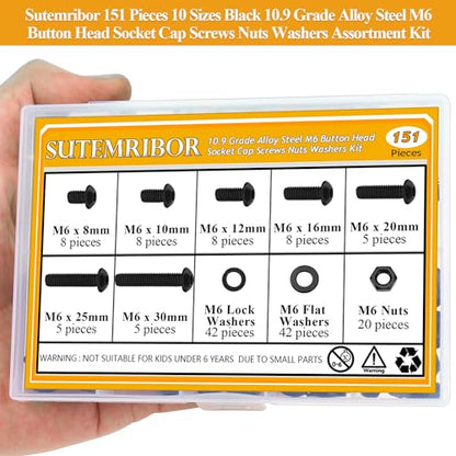 151 Pieces M6 Screws Nuts Washers Set Black, Sutemribor M6 x 8/10/12/16/20/25/30mm Button Head Socket Cap Screws Nuts Washers Assortment Kit, 10.9 Grade Alloy Steel, Fully Threaded - size: M6, style: Button Head Socket Cap