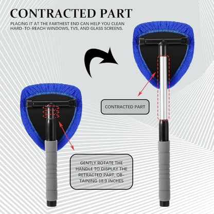 19" Extra-Long Windshield Cleaner Tool & Car Interior Detailing Kit | Extendable Handle and 4 Reusable Microfiber Pads, Streak & Lint-free, Auto Glass Wiper Brush for Car & Home - color: Blue