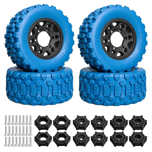 LRFHL 1/10 RC Short Course Truck Tires with 12mm 14mm 17mm Hex, 4PCS | Pre-Glued, RC Off-Road Short Truck Tires, for 1/8 1/10 Arrma Senton Traxxas Slash 2WD Axial Losi Redcat - color: Blue Tires+ Black Wheels