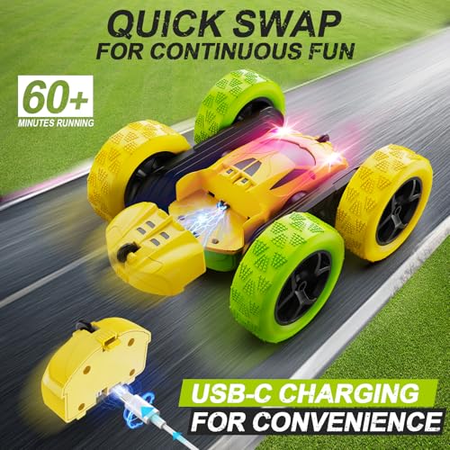 QUNREDA Remote Control Car, RC Car Toys for 6-12 Year Old Boys, Off Road RC Stunt Car 4WD 360° Rotating Remote Control Car for Kids, Boys Girls Gifts for Birthday, Christmas Yellow&Green - color: Yellow&green