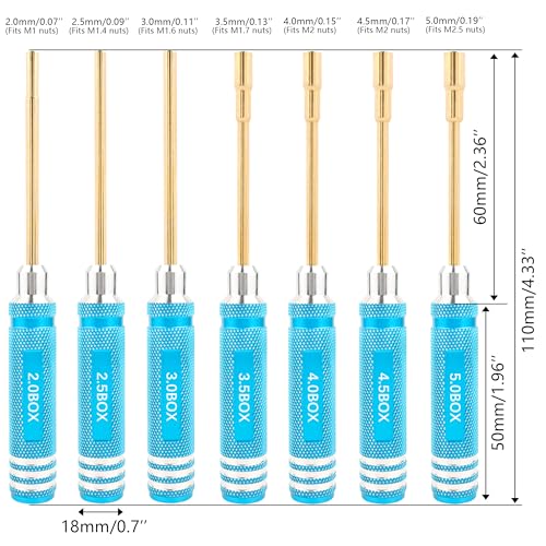 7 Pieces Hex Screwdriver Set 2.0/2.5/3.0/3.5/4.0/4.5/5.0mm RC Socket Wrench Kit Nut Drive for Traxxas Redcat Axial SCX24 Quadcopter Helicopter FPV Drone Car - RC Nut Removal Tools (Blue)