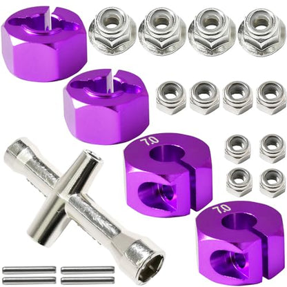 Aluminum 12mm Hex Wheel Hub 4Pcs w/Axle Pin M4 Flange Lock Nut Standard M3 M4 Nut 7mm Thickness Wheel Drive Adapter for 1/10 Traxxas HSP Redcat Rc4wd Tamiya Axial SCX10 WLtoy RC Car(25Pcs) - color: Purple, size: 7.0