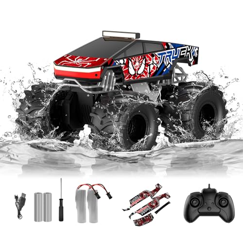 TOZDTO Remote Control Car, Amphibious Monster Truck Toys for Boys RC Cars | 2.4 GHz Waterproof RC Trucks, 1:18 4WD All Terrain Off-Road Pickup, Cool Christmas Birthday Ideas Gifts for Kids 6+ Year Old - color: Red