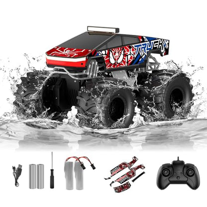 TOZDTO Remote Control Car, Amphibious Monster Truck Toys for Boys RC Cars | 2.4 GHz Waterproof RC Trucks, 1:18 4WD All Terrain Off-Road Pickup, Cool Christmas Birthday Ideas Gifts for Kids 6+ Year Old - color: Red
