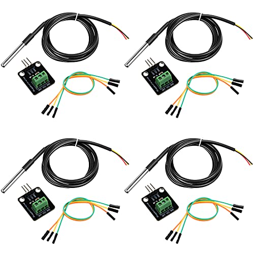 Weewooday 4 Sets DS18B20 Temperature Sensor Module Kit with 1 m/ 3.2 Ft Waterproof Digital Stainless Steel Probe -55 to +125 Degrees Celsius, Compatible with Raspberry Pi