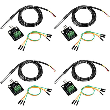 Weewooday 4 Sets DS18B20 Temperature Sensor Module Kit with 1 m/ 3.2 Ft Waterproof Digital Stainless Steel Probe -55 to +125 Degrees Celsius, Compatible with Raspberry Pi