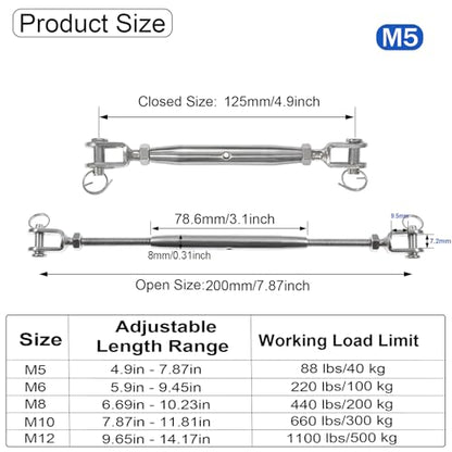 4PCS M5 Jaw and Jaw Turnbuckles for Cables Wire Rope Tension | Made of 304 Stainless Steel, Corrosion Resistant & Easy to Use,88lbs Rated,Industrial Shade Sail Rigging - size: 4PCS-M5-UU