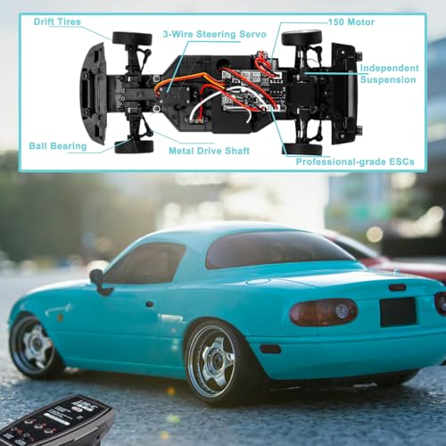LD1804 1/18 RC Miata Drift Car with 2 Batteries (Blue) | LDRC Drift Car For Adults with ESP Gyro, Pop-up Lights, Blue - color: Miata Blue With 2 Batteries