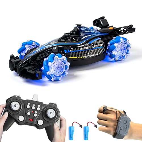 RC Stunt Car, Gesture Sensing Remote Control Car with Sound Lights and Spray, 2.4GHz 4WD 360° Rotating RC Cars with 2 Batteries for Teens ((Blue) - color: Blue, size: 2 Batteries