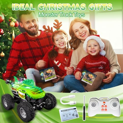 Monster Trucks Toys,2.4GHz Remote Control Car For Boys 4-7,Dinosaur Metal Shell & RGB Light,360° Spin & Walk Upright, With Built-In USB-C Rechargeable Battery,Christmas& Birthday Creativity Gifts.