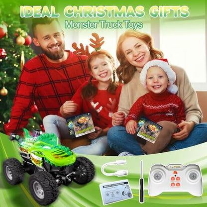 Monster Trucks Toys,2.4GHz Remote Control Car For Boys 4-7,Dinosaur Metal Shell & RGB Light,360° Spin & Walk Upright, With Built-In USB-C Rechargeable Battery,Christmas& Birthday Creativity Gifts.