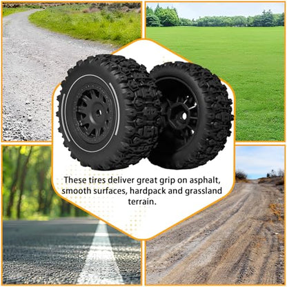 Pre-glued 64mm Wheels &Tires with 12mm Hex for 1/14 Truck, Black | Rubber Tire and Nylon Rim for ARRMA Mojave GROM, HPI, Traxxas Slash, Tamiya, Toyota, WLtoy 1/14 1/16 1/18 RC On/Off-Road Car - color: Black