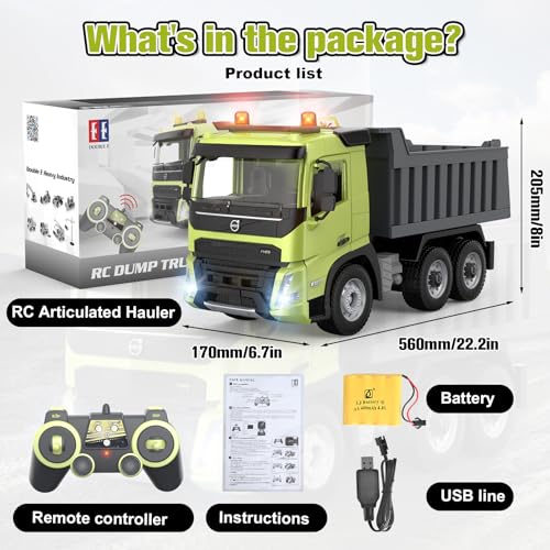 DOUBLE E Volvo FMX 1:20 RC Dump Truck - 2.4GHz Anti-Interference Remote Control Construction Toy with 360° Movement, Lift & Dump, LED Lights & Realistic Sounds for Adults - style: dump truck