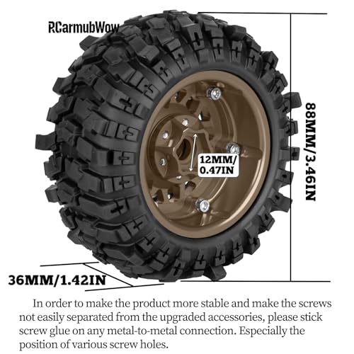 1.9 Beadlock Wheel & Tire Set, 88x36mm Rubber Crawler Tires Aluminum Alloy 1.9 Inch Beadlock Rims Compatible with 1/12 M-J-X H12Y H12Y+ H12P, MN-128 RC Climbing Car,Brown w/Black - color: Brown W/Black