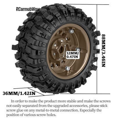 1.9 Beadlock Wheel & Tire Set, 88x36mm Rubber Crawler Tires Aluminum Alloy 1.9 Inch Beadlock Rims Compatible with 1/12 M-J-X H12Y H12Y+ H12P, MN-128 RC Climbing Car,Brown w/Black - color: Brown W/Black