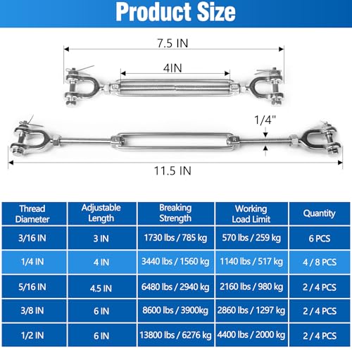 4 PCS M6 Turnbuckle 1/4" 304 Stainless Steel Jaw and Jaw Turnbuckle Tensioner, Heavy Duty Cable Tensioner, 1140 LBS Working Load Limit, Adjustable Turnbuckles for Cables Wire, Clotheslines, Shade Sail - size: 1/4"-4 Pack