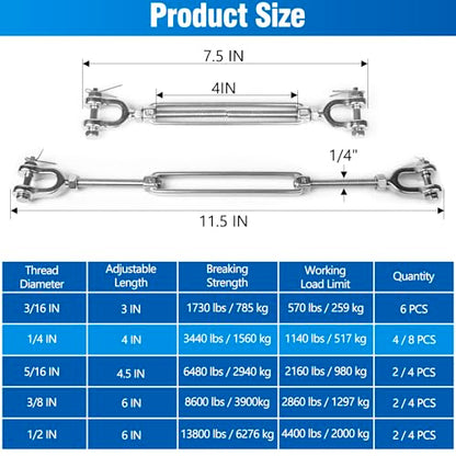 4 PCS M6 Turnbuckle 1/4" 304 Stainless Steel Jaw and Jaw Turnbuckle Tensioner, Heavy Duty Cable Tensioner, 1140 LBS Working Load Limit, Adjustable Turnbuckles for Cables Wire, Clotheslines, Shade Sail - size: 1/4"-4 Pack