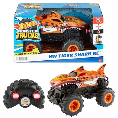 Hot Wheels Monster Trucks HW Tiger Shark RC, Remote-Control Vehicle | 1:24 Scale Oversized Truck with Terrain Action Tires for All-Terrain Driving - style: Tiger Shark
