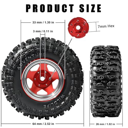 1.3" Beadlock Wheel Tires, Aluminum 1.3 Beadlock Wheels and Tires Upgraded 1.45-inch Wheel for for 1/24 SCX24 AX24 FCX24 1/18 TRX4M FMS RC Crawler Car Upgrade (Red) - color: Red