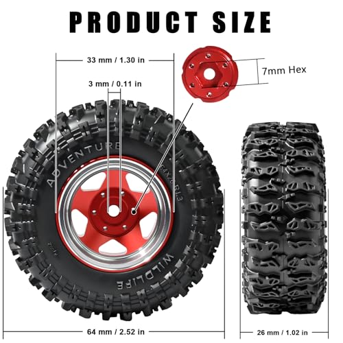 1.3" Beadlock Wheel Tires, Aluminum 1.3 Beadlock Wheels and Tires Upgraded 1.45-inch Wheel for for 1/24 SCX24 AX24 FCX24 1/18 TRX4M FMS RC Crawler Car Upgrade (Red) - color: Red