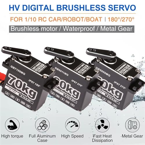 GOTECK 70KG Brushless Digital Servo,High Voltage 14V Metal Gear Waterproof Steering Servo with 25T Servo Horn for 1/8 1/10 RC Crawler Car,Robot,Boat,Truck Robot Parts (GB7109MG-180°)