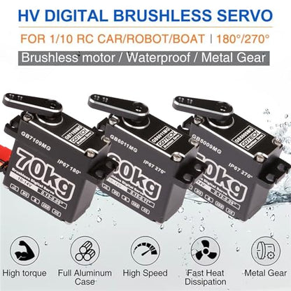 GOTECK 70KG Brushless Digital Servo,High Voltage 14V Metal Gear Waterproof Steering Servo with 25T Servo Horn for 1/8 1/10 RC Crawler Car,Robot,Boat,Truck Robot Parts (GB7109MG-180°)