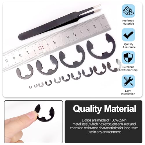 Glarks 211pcs 65Mn Steel E Clips Retaining Rings Assortment Set 14 Sizes E-Ring Circlip Rings Heat Treated External Retaining Clips E-Clips Retainer Circlip Rings with Tweezers for Gears