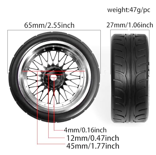 4PCS/Set 64mm Rubber Tires & Aluminum Alloy Wheels Rims Replacement Part for 1/10 RC On-Road Touring Car Racing Car (Black) - color: Black