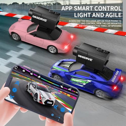 Mini 4WD RC Drift Car with Camera, Full Proportional High Speed Remote Control Vehicle, APP Controlled RC Racing Car with Gyroscope Drift System, LED Lights, Rechargeable Battery - color: White