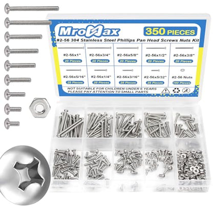 #2-56 Phillips Pan Head Machine Screws Nuts Assortment Kit, 5/32"-1" Length | 350Pcs, 304 Stainless Steel 18-8, UNC Fully Threaded, 9 Sizes for RC Model, 3D Printer, Electronics, Precision Device Repair - size: #2-56
