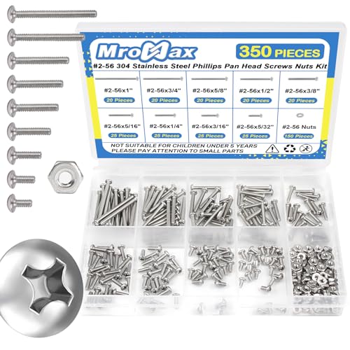 #2-56 Phillips Pan Head Machine Screws Nuts Assortment Kit, 5/32"-1" Length | 350Pcs, 304 Stainless Steel 18-8, UNC Fully Threaded, 9 Sizes for RC Model, 3D Printer, Electronics, Precision Device Repair - size: #2-56