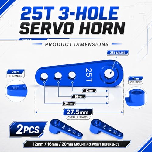2PCS 25T Aluminum Servo Horn, 3-Hole RC Steering Arm for Futaba Savox MG995 | CNC Aluminum Servo Arm M3 Thread Adjustable Linkage 12mm 16mm 20mm Positions 1/8 1/10 RC Power HD MG996 Crawler Buggy Truck - color: Darkblue
