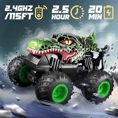 BEZGAR Monster Truck Toys，1:20 Remote Control Car with Light & Music | Green Dinosaur Toys for Kids,RC Truck with 360° Spins and Drifting, Toy Car Gifts for Boys, Battery Life of 20 Minutes - color: Green