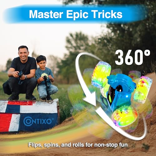 Contixo SC3 RC Stunt Car, Blue 2.4GHz 4WD Double-Sided 360° Rotating flip Racer Remote Control Toy Cars with LED Lights for Kids Girls Boys Age 4-12 Birthday Gift - color: Blue