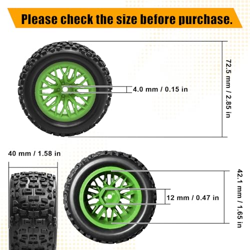 Pre-Glued 1/16 & 1/18 RC Monster Truck Tires, Soft Rubber Tire and Nylon Wheels Rims with 12mm hex Compatible with ARRMA 1/18 Granite/Typhon Grom, WLtoys A949, MJX Hyper Go H16 RC Buggy, 4PCS (Green) - color: Green