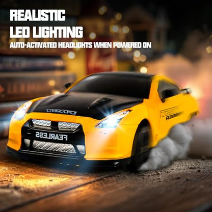 SANCO 1:24 RC Drift Car with LED Lights, 2.4GHz Remote Control Car, Includes 2 Batteries & 2 Sets of Tires for Racing & Drifting, Electric Hobby Racing Toy for Adults, Boys & Kids(Yellow)