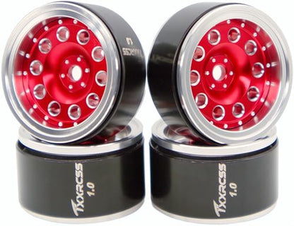 RC 1.0 Beadlock Wheels Offsets -2 Aluminum Rims for AX24 1/18 TRX4M All 1/24 Scale Axial SCX24 Deadbolt RC Crawler Car Wheels Upgrades 4Pc (Red & Silver) - color: Red & Silver