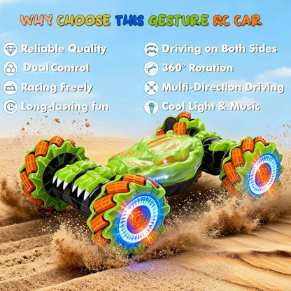 Gesture Sensing RC Stunt Car - Birthday for Boys, 6 7 8-12 13 14+ Year Old, 360 Rotating 4WD Twist Toys, Hand Controlled & Remote Control, with Light & Music