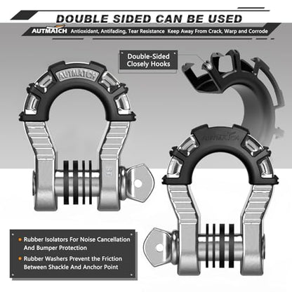 AUTMATCH D Ring Shackles 3/4" Mega Shackle (2 Pack) 68,000Ibs Break Strength - Heavy Duty Clevis Shackles with 7/8" Screw Pin and Isolator Washer for Tow Strap Winch Off Road Vehicle Recovery, Silver - color: Silver